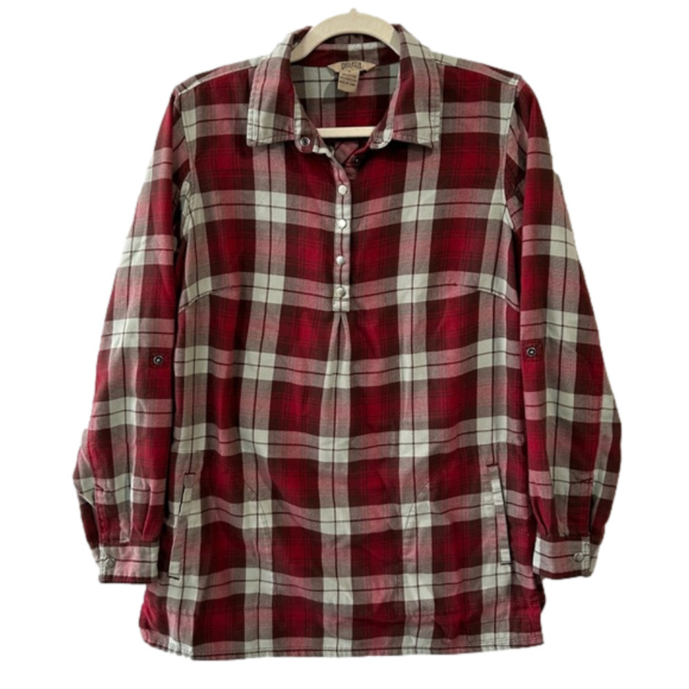 Duluth Trading Co Red Plaid Flannel Popover Long Sleeve Button Tunic Size Small
